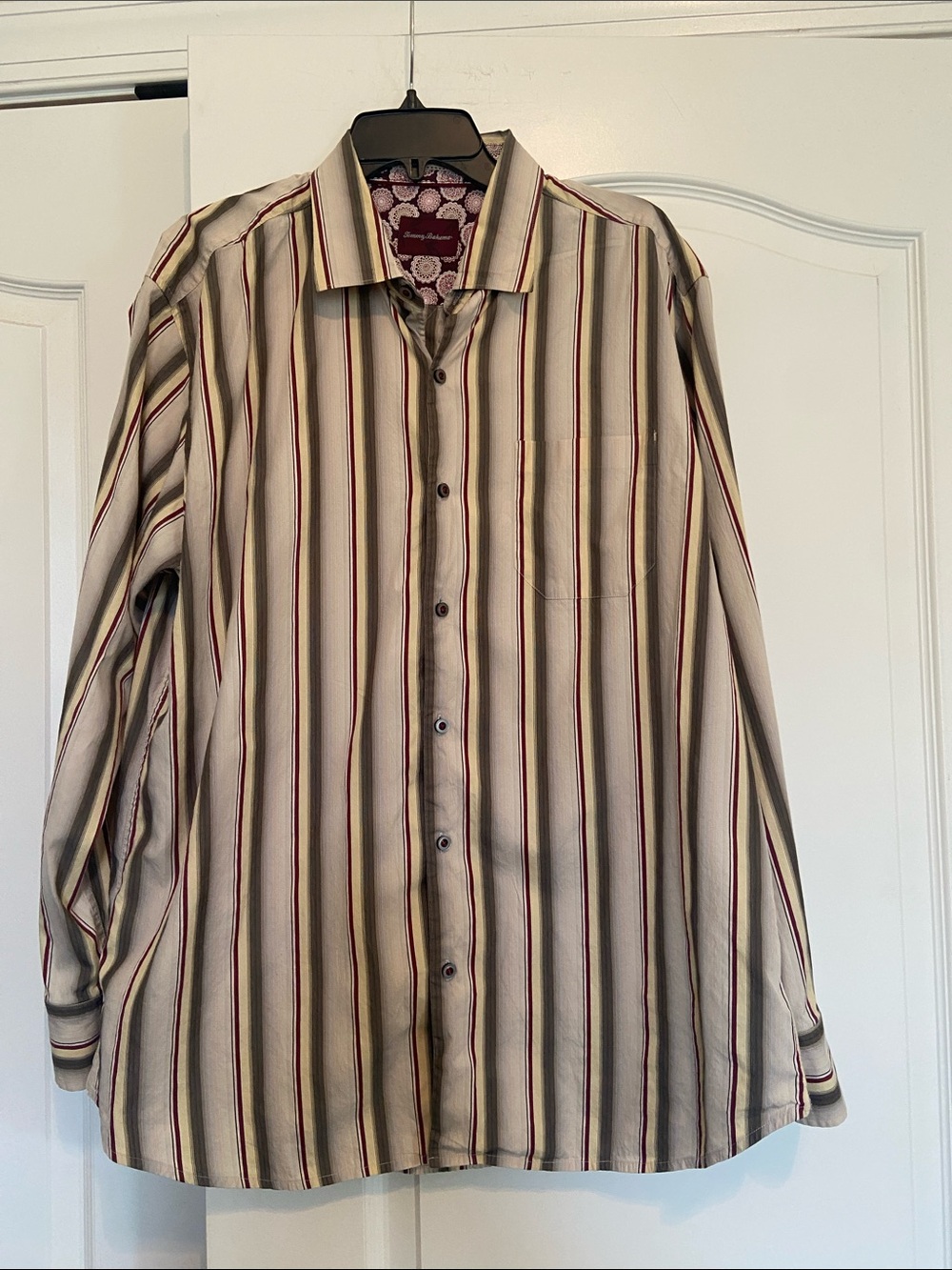 Tommy Bahama Cream Button-Down Shirt with Burgundy & Black Stripes